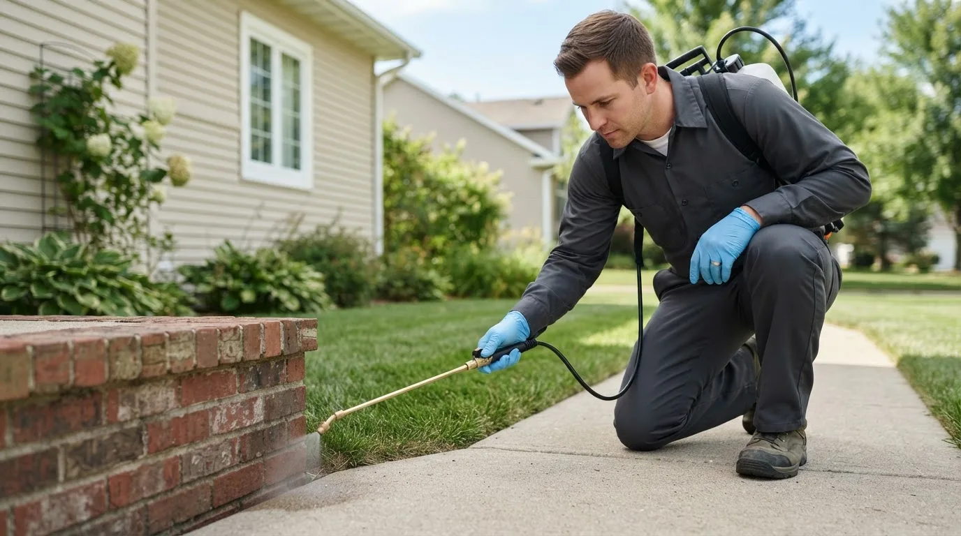 Pest control technician treating a home near Brighton, IA