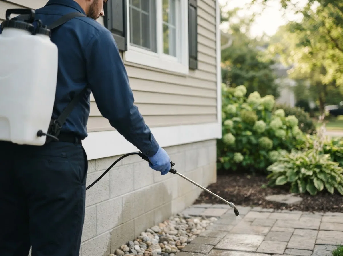 Pest control technician inspecting a home in Brighton, IA